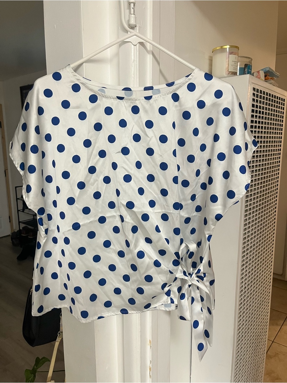 SHEIN White Short Sleeve Polka Dot Tee with Navy Side Tie